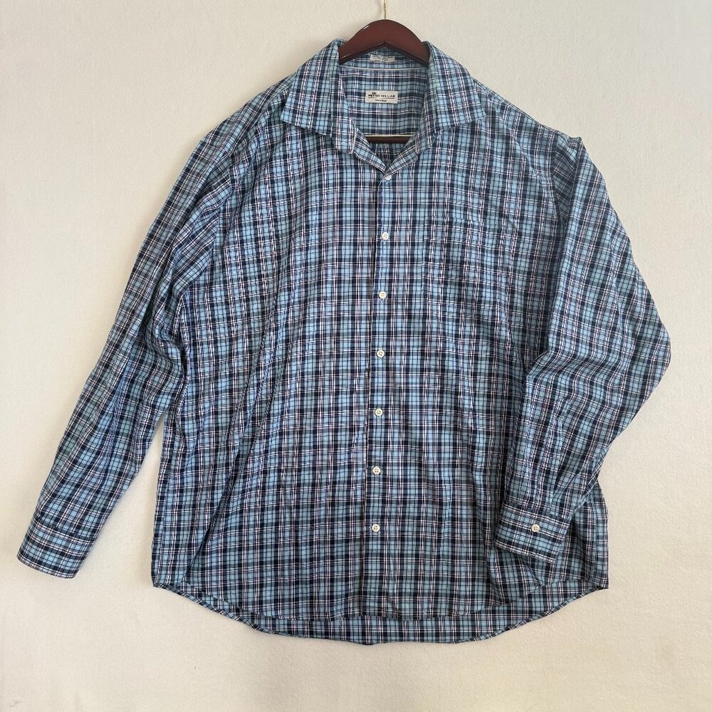 Peter Millar Shirt Crown Comfort Mens XXL Blue Plaid Button Down Long Sleeve